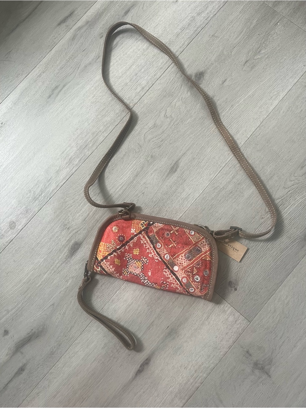 Handcrafted Boho Patchwork Crossbody Bag in Rust Red with Brown Trim